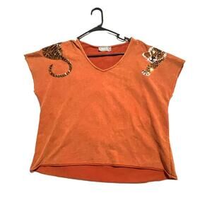 Blue B Women's Small Collection Blouse Orange Leopard Sequin Sleeveless Top EUC
